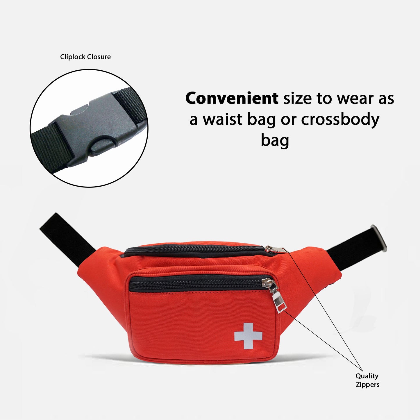 First Aid Fanny pack | Red Medical bag with Adjustable waist strap | Emergency Zipper Travel pouch, Parachute inner Lining