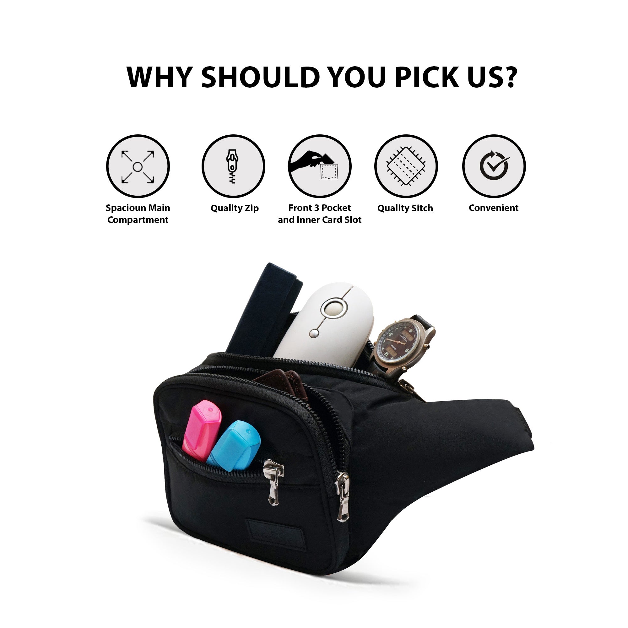 Triple Zip Fanny Pack USA Stylish Unisex Waist Bag Cotton Pouch