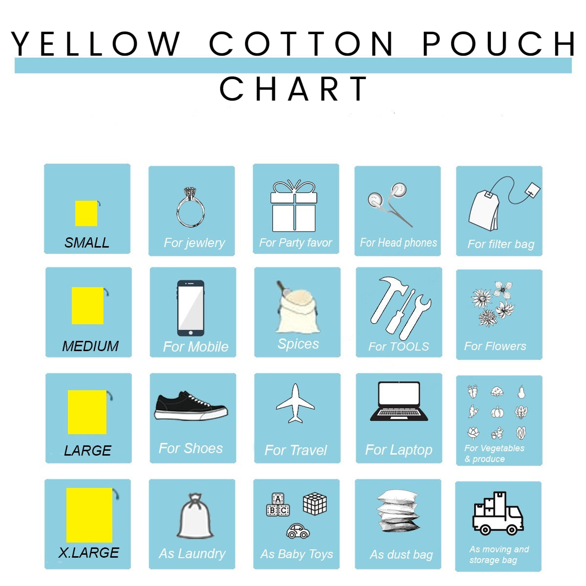 Yellow Cotton Single Drawstring Pouch for everyday use