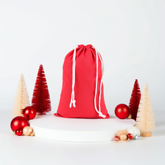 Berry red cotton drawstring pouch with double drawstring closure