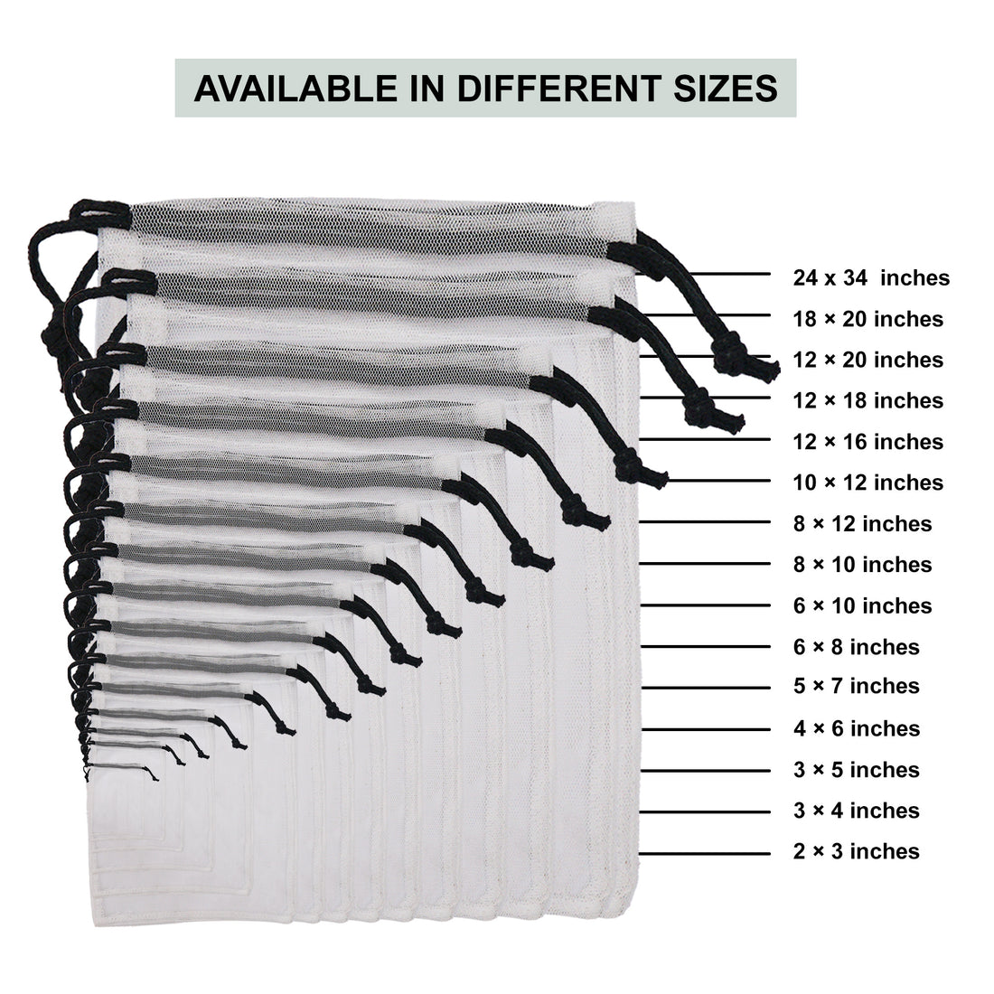 Size chart for white polyester mesh double drawstring bags