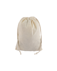 Classic natural cotton pouch with two drawstrings, shown unfilled