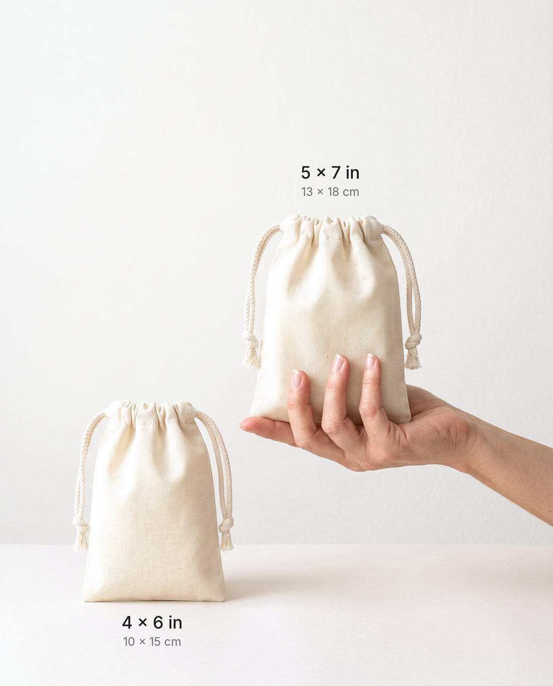Size comparison of natural muslin drawstring bags: 4×6 and 5×7 in