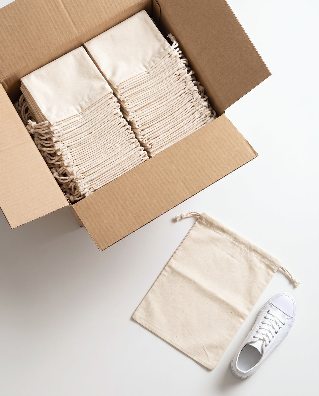 Wholesale box of plain natural cotton muslin double drawstring bags
