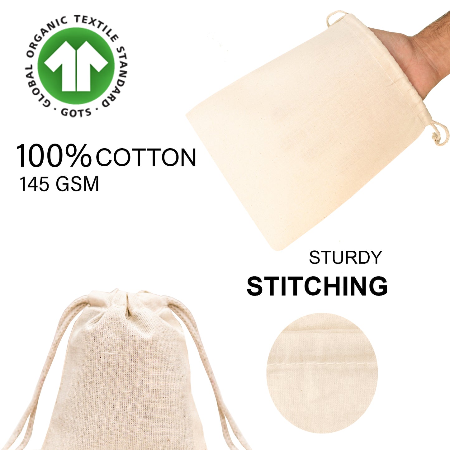 100% Cotton Double Drawstring Pouch for everyday use (Pack of 12 x 16 + 12 x 20 Inches)