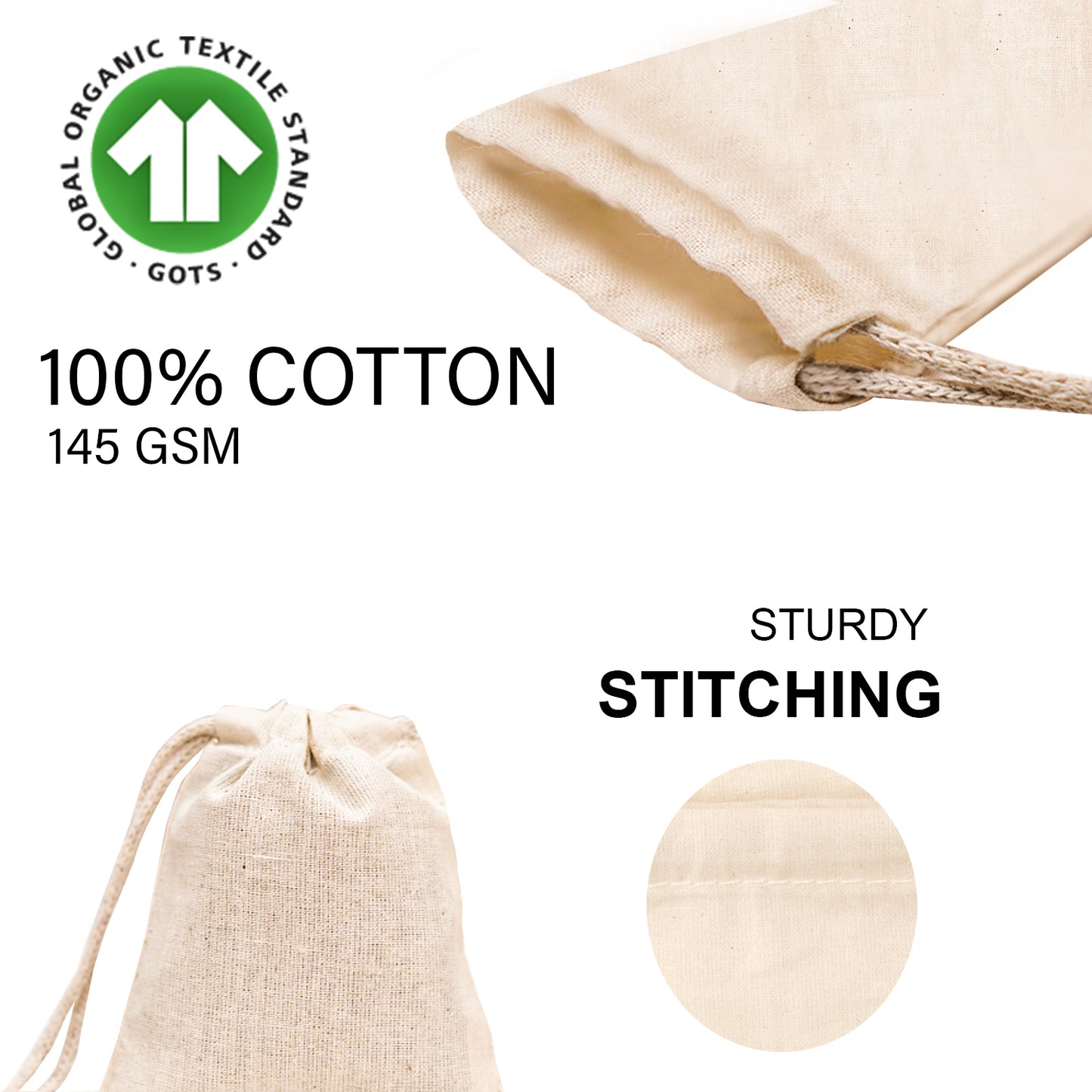 100% Cotton Single Drawstring Pouch for everyday use