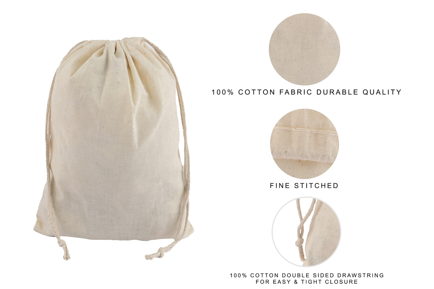 100% Cotton Double Drawstring Pouch for everyday use (Pack of 12 x 16 + 12 x 20 Inches)