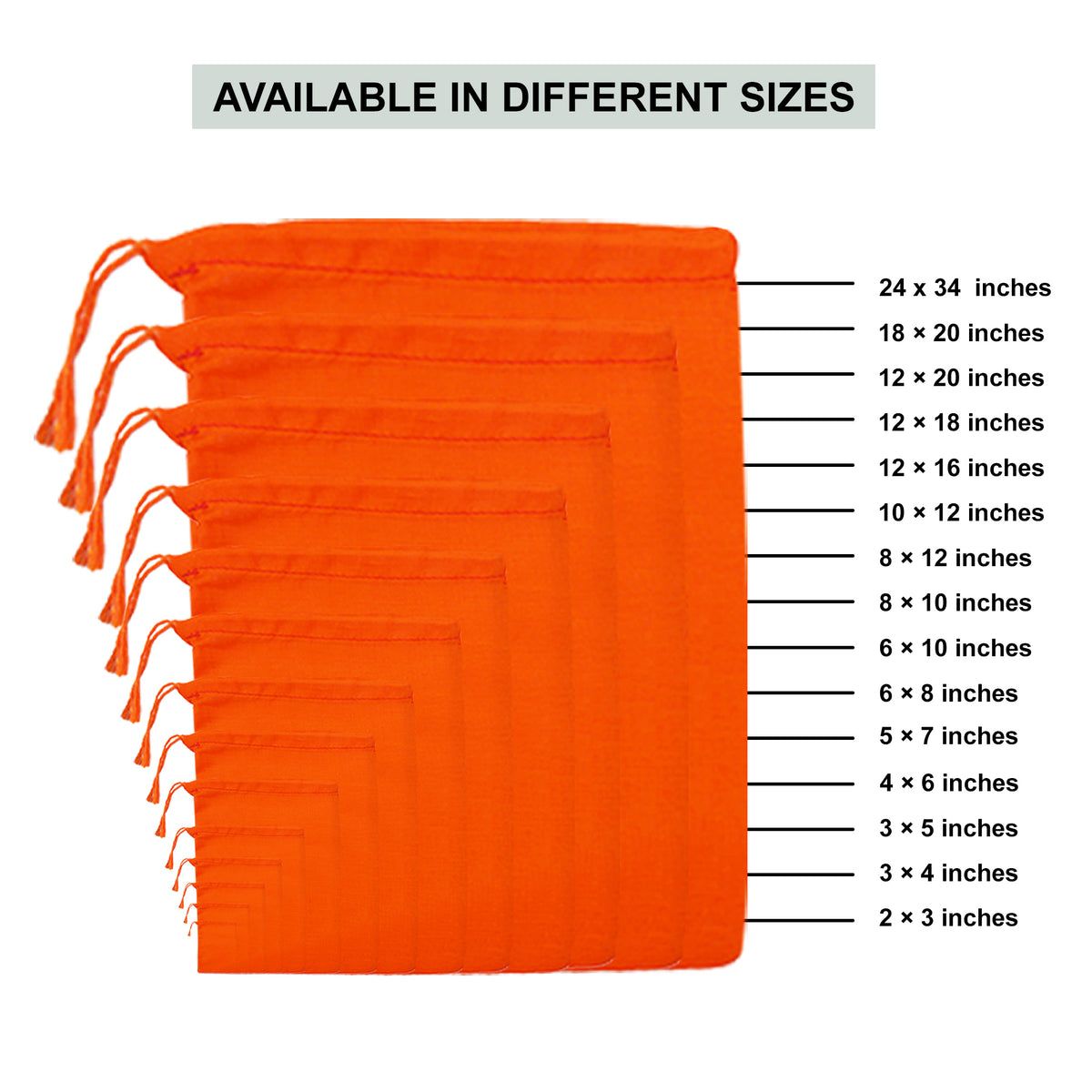 Size chart for orange cotton muslin, 145 gsm single drawstring bags
