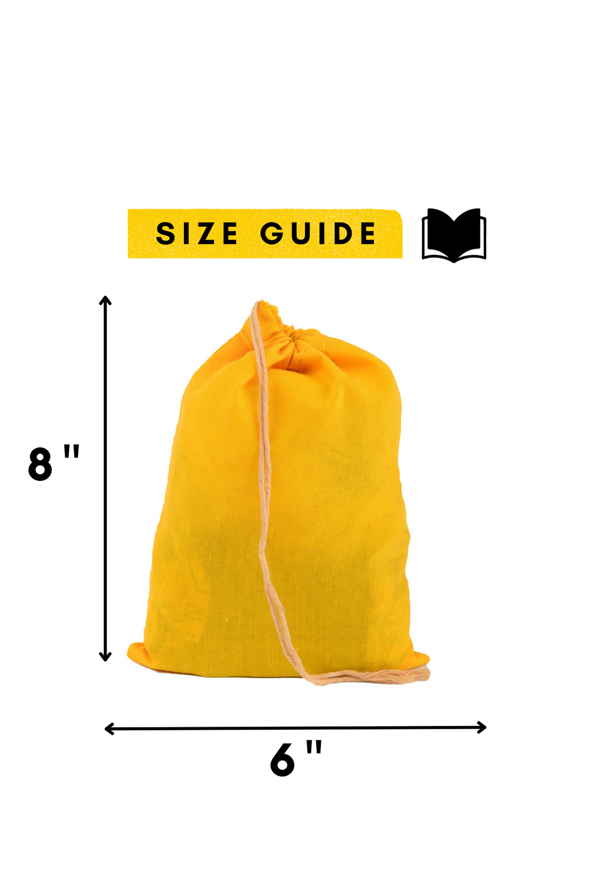 Size chart for yellow cotton muslin, 145 gsm single drawstring bags