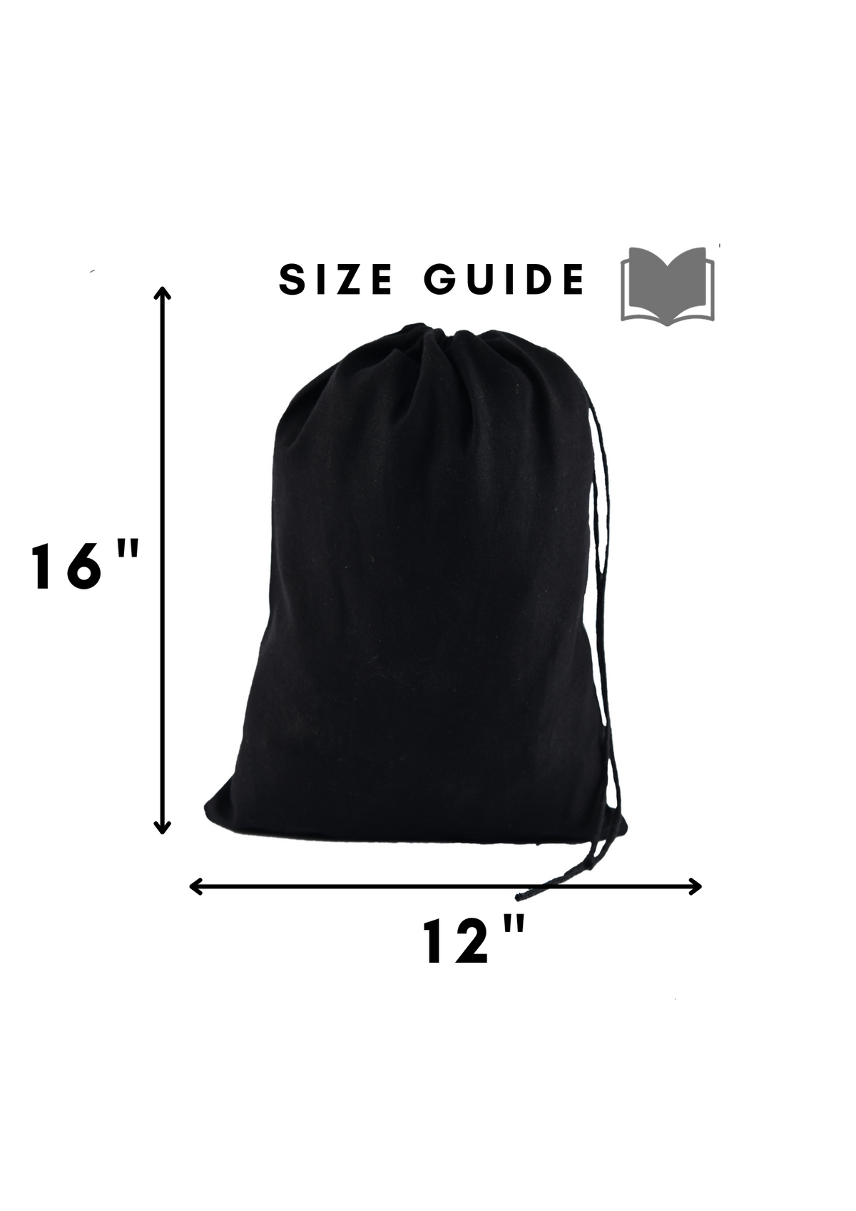 12x16 in black cotton muslin, 145 gsm single drawstring bag